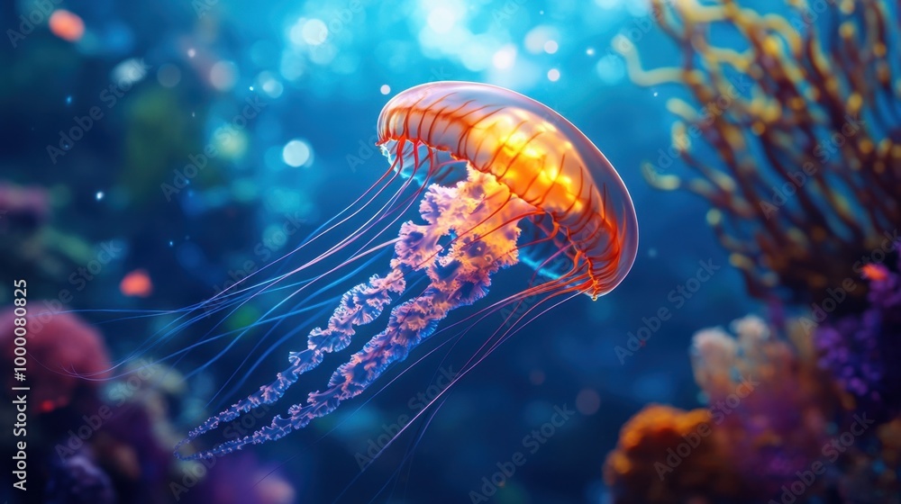 A glowing jellyfish with iridescent tentacles swims elegantly near a coral reef, bathed in oceanic light. A glowing jellyfish with iridescent tentacles swims elegantly near a coral reef, bathed in oceanic light.