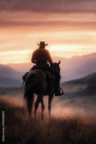 Cowboy riding a horse during sunset in a serene mountain landscape