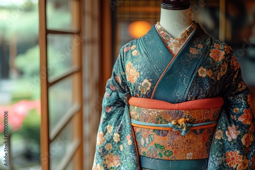 Elegant Traditional Japanese Kimono Displayed on Wooden Mannequin in Serene Environment