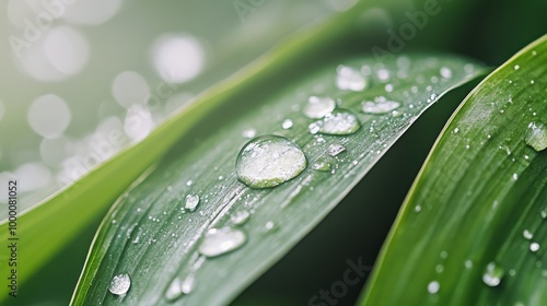 Fresh green leaves glisten with droplets of water after a gentle rain shower ...