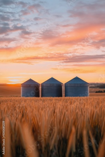 Golden wheat field at sunset with silos in the background in rural countryside