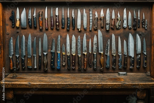 Elegant Display of Knives and Scissors on a Rustic Wooden Table