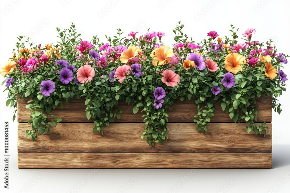 Vibrant Flower Box with Trellis and Blooming Trumpet Vines on Transparent Background