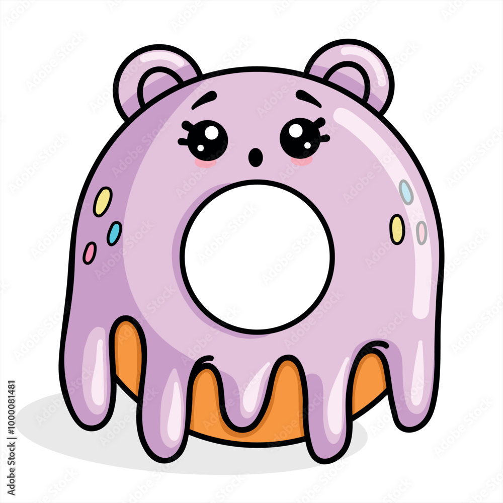 Fototapeta premium Funny purple cute donut with a surprised face. Dessert vector illustration in kawaii style