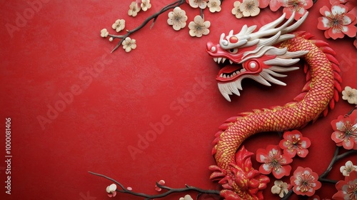 Colorful dragon artwork surrounded by floral decorations for a festive celebr...