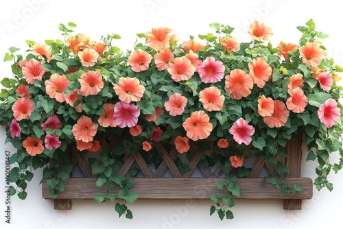 Vibrant Flower Box with Trellis and Blooming Trumpet Vines on Transparent Background