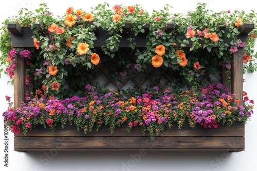 Vibrant Flower Box with Trellis and Blooming Trumpet Vines on Transparent Background photo