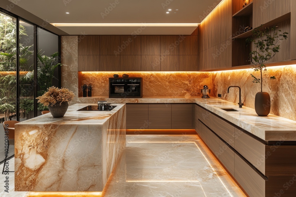 Elegant Marble and Warm Wood Create a Stylish Contemporary Kitchen Atmosphere