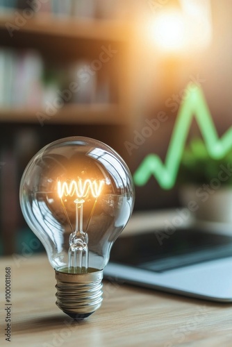Light bulb illuminated with abstract data visualization and upward trend in a...