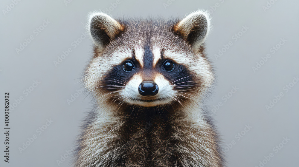 A portrait of a raccoon, isolated on a pastel gray background, highlighting its masked face and mischievous eyes, A portrait of a raccoon, isolated on a pastel gray background, highlighting its masked face and mischievous eyes,