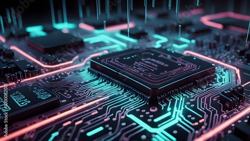 A close-up of a circuit board with glowing neon lines. photo