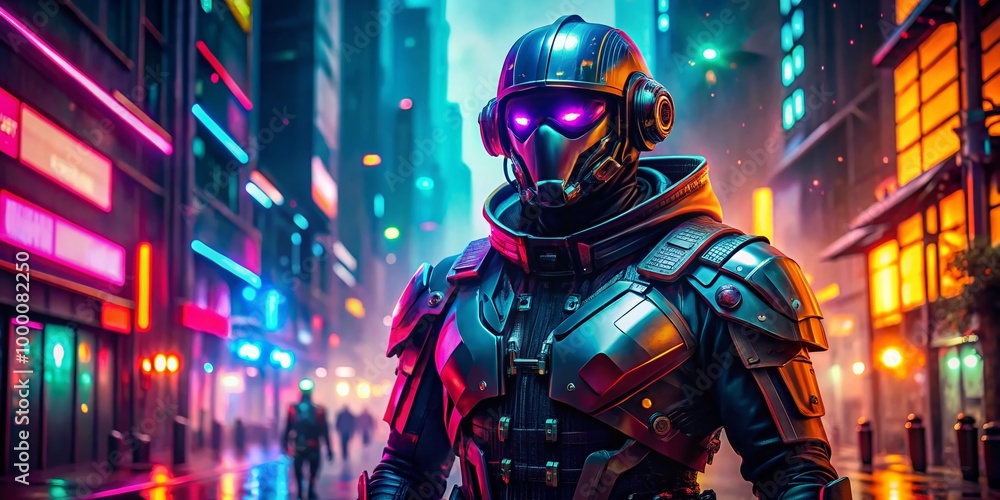 Futuristic bounty hunter in high-tech armor standing in an urban landscape with neon lights and shadows Futuristic bounty hunter in high-tech armor standing in an urban landscape with neon lights and shadows