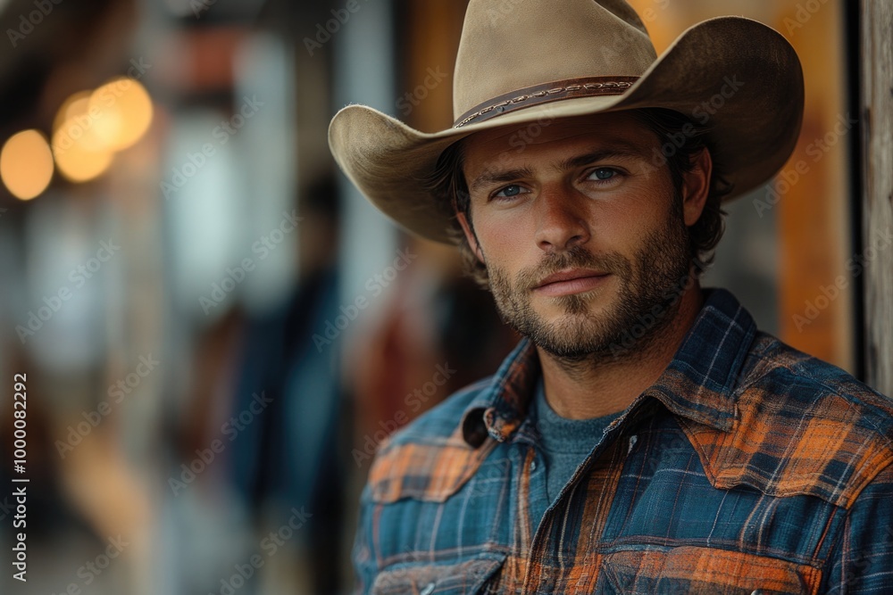 Stylish Cowboy Embraces Urban Flair with Relaxed Posture Against a Rustic Building Stylish Cowboy Embraces Urban Flair with Relaxed Posture Against a Rustic Building