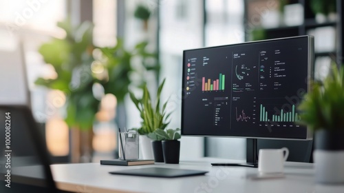 Workstation displaying stock market data with plants in a modern office setting
