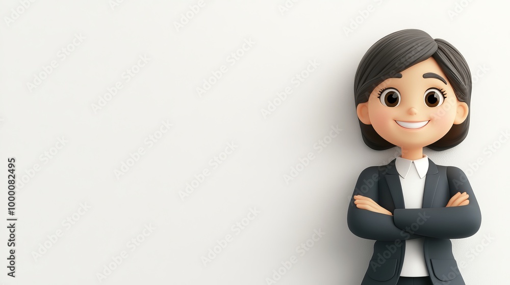 A cartoon woman in a business suit is smiling and standing with her arms crossed A cartoon woman in a business suit is smiling and standing with her arms crossed