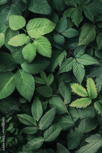 A close-up view of various green leaves grouped together in a lush setting, s...