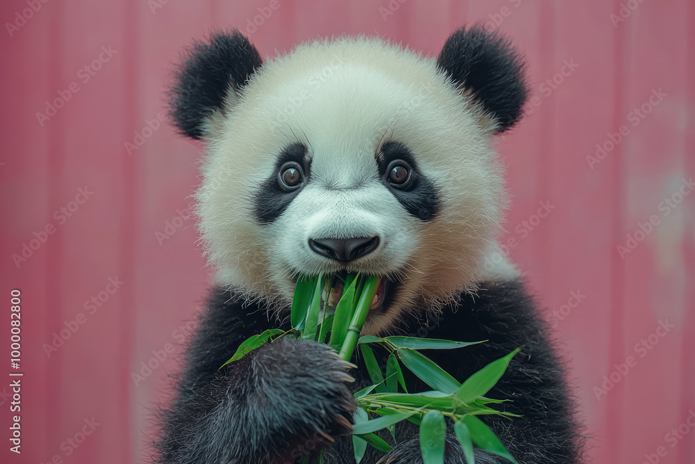 Fototapeta premium A giant panda munching on bamboo, isolated on a pastel pink background, representing its peaceful nature,