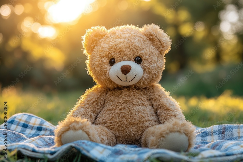 A Cute Teddy Bear Enjoys a Sunny Picnic in a Meadow on a Warm Afternoon A Cute Teddy Bear Enjoys a Sunny Picnic in a Meadow on a Warm Afternoon