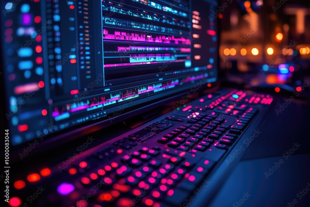 Exploring a Dynamic Editing Timeline on a Computer Monitor in a Vibrant Creative Workspace