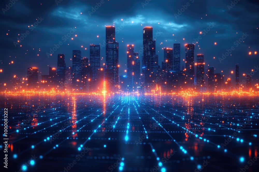 Obraz premium Futuristic Smart City Skyline in Blue Tones with Network Grid and Floating Particles in 3D Renderi