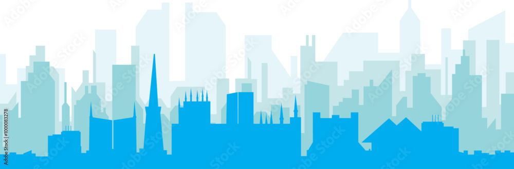 Naklejka premium Blue panoramic city skyline poster with bluish misty transparent background buildings of YORK, UNITED KINGDOM