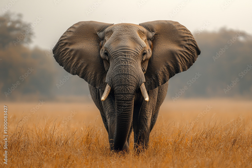 Fototapeta premium An African elephant in the wild, isolated on a pastel beige background, showcasing its grandeur and wisdom,
