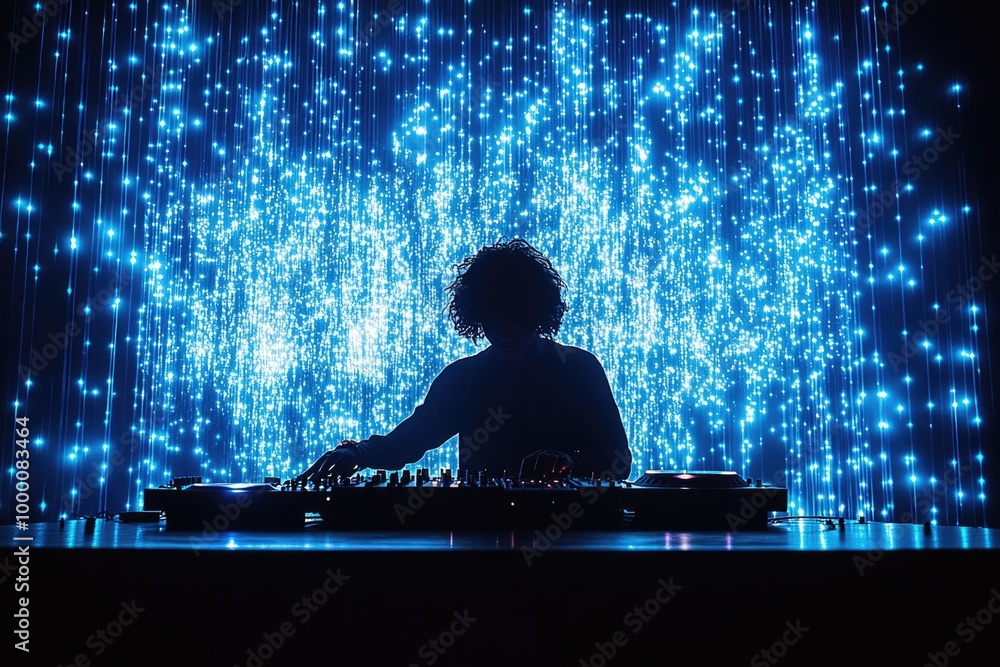 Silhouetted DJ Spins Beats Against a Vibrant Backdrop of Blue Lights and Dynamic Patterns Silhouetted DJ Spins Beats Against a Vibrant Backdrop of Blue Lights and Dynamic Patterns