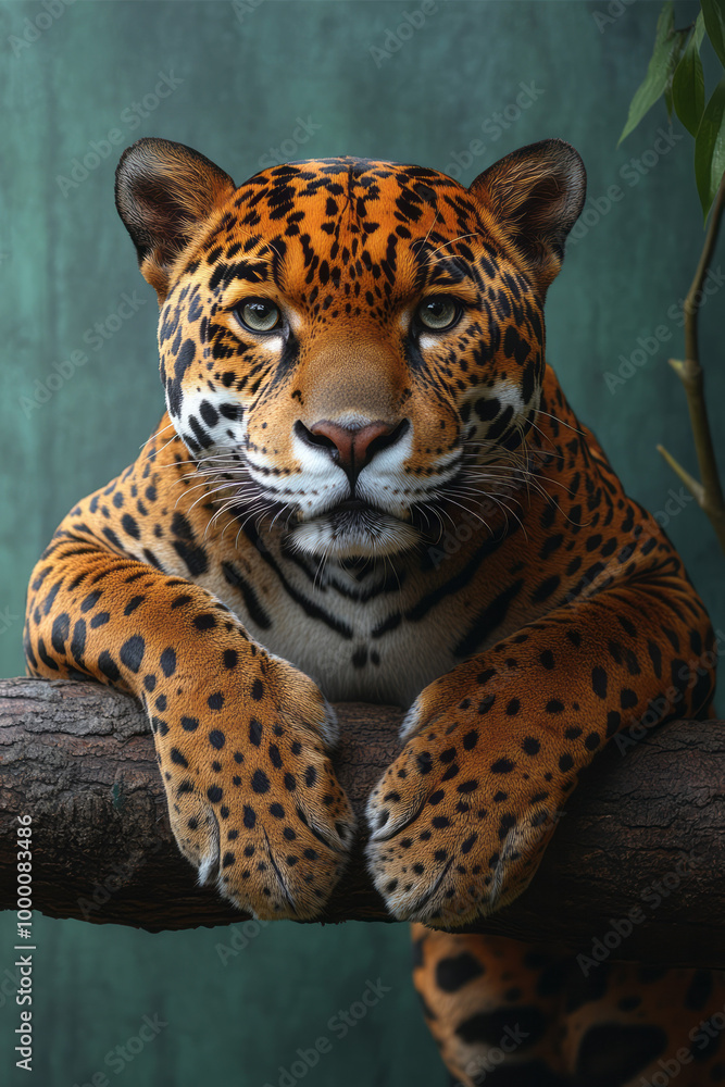 Obraz premium A jaguar resting on a jungle log, isolated on a pastel green background, highlighting its powerful, muscular form,