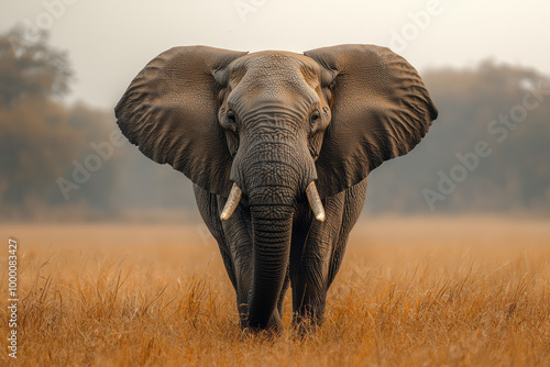 An African elephant in the wild, isolated on a pastel beige background, showcasing its grandeur and wisdom,