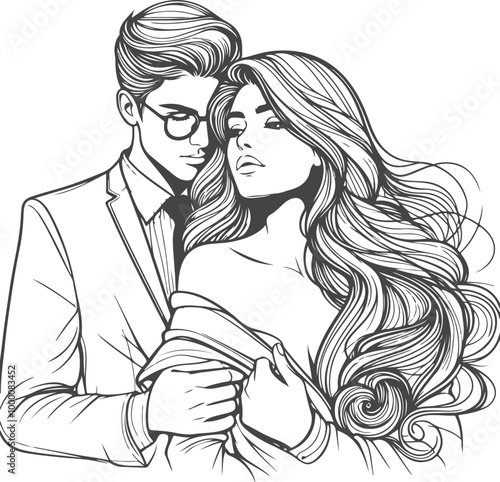 line art wedding husband wife, Mordan, kissing and romantic couple vector design.