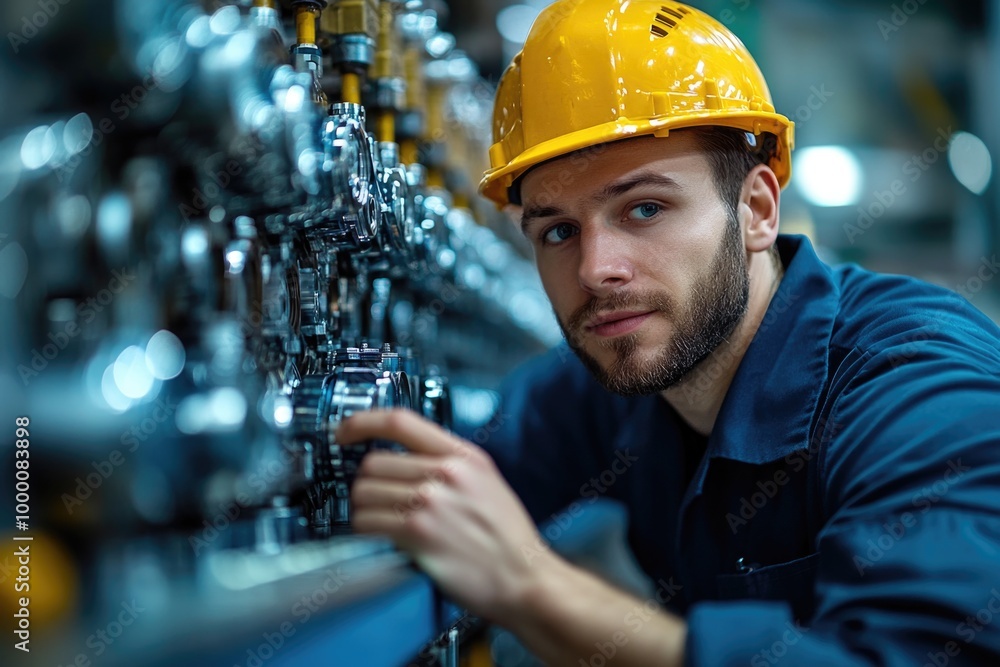 Factory Worker Inspects Machinery Components for Quality and Function in Modern Industrial Setting Factory Worker Inspects Machinery Components for Quality and Function in Modern Industrial Setting