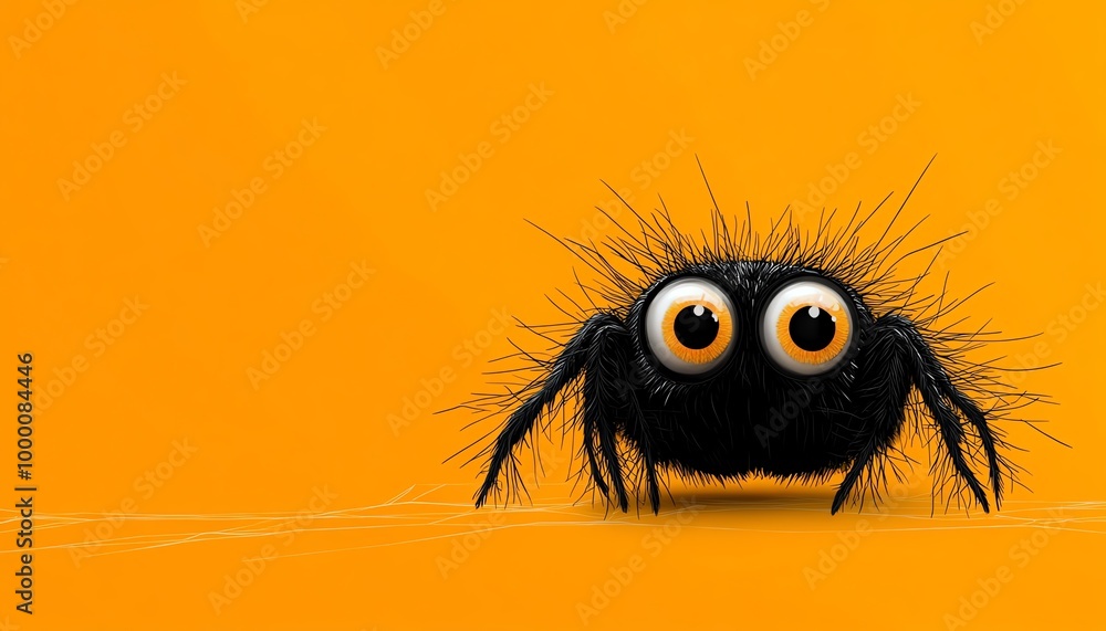 Fototapeta premium Cartoon black spider with large eyes in a web, playful Halloween theme, orange background