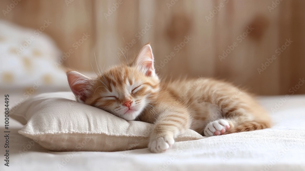 Naklejka premium Adorable Tabby Cat Napping on Cozy Pillow in Relaxing Home Environment