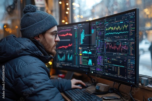 Obraz na płótnie Maximizing Efficiency with a Multi-Monitor Setup for Advanced Financial Data Analysis w salonie