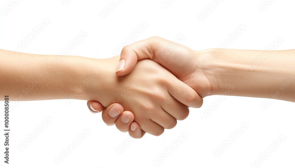 Two hands shaking in agreement, closeup on white background Two hands shaking in agreement, closeup on white background