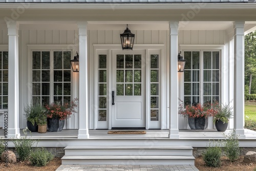 Charming White Modern Farmhouse Entrance with Elegant Front Door and Stylish Black Light Fixtures