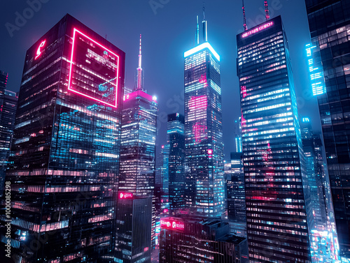 A city skyline at night with neon lights on the buildings