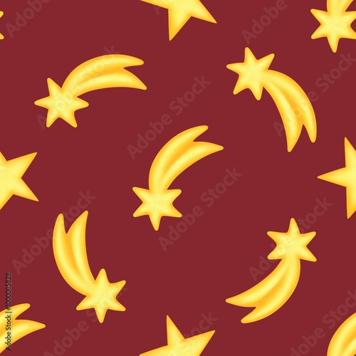 Classics Seamless Christmas Big Star Tail Pattern with Red Background