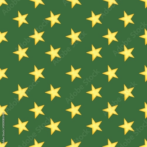 Classics Seamless Christmas Star Pattern with Green Background