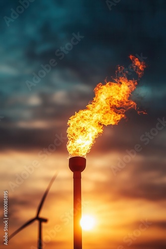 Natural gas flaring next to a wind farm