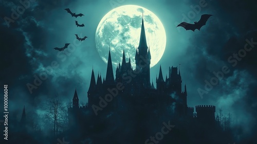 A floating medieval castle silhouetted against a glowing full moon, surrounded by bats in the eerie sky.