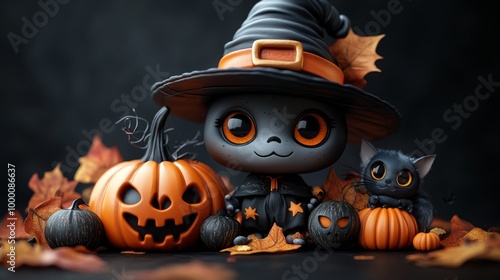 Cute Halloween Characters with Pumpkins and Spooky Autumn Decorations