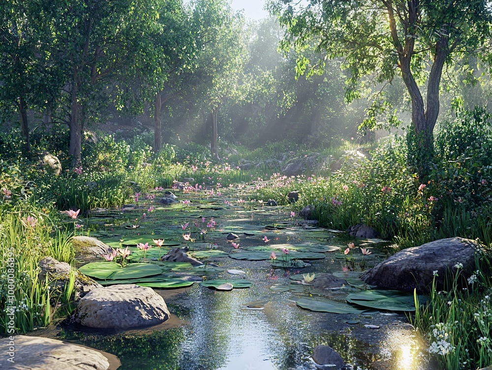 Tranquil Forest River with Sunbeams and Water Lilies Tranquil Forest River with Sunbeams and Water Lilies