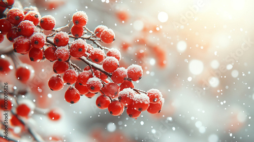  A photo of red rowan berries glistening with snowflakes, framed by a snowy winter background. 