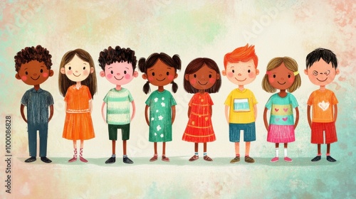 A group of diverse school children standing side by side, smiling and showing unity and togetherness in a vibrant illustration