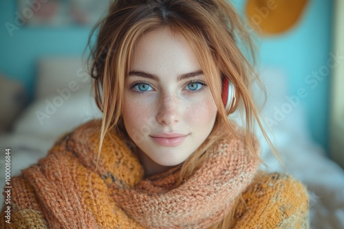 Capturing Moments: Young Woman Takes a Selfie in Her Bedroom with Earphones and Mobile Phone