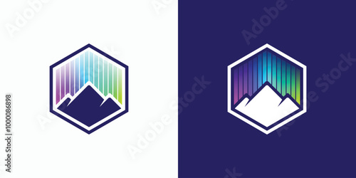 A combination logo that combines the shape of a mountain, and aurora light in a hexagonal frame. Icon for business, outdoor, travel, and personal branding.