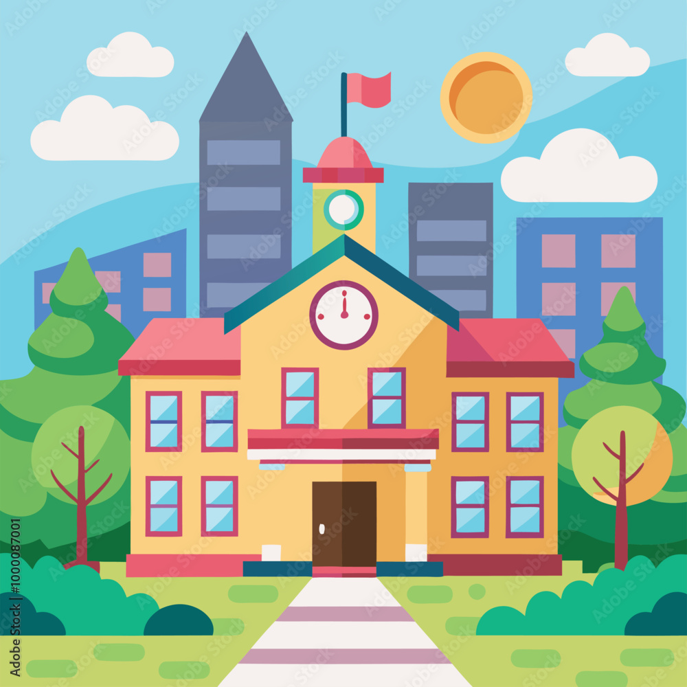Obraz premium Cartoon vector illustration of an urban cityscape with houses, buildings, and trees under a sky, depicting a vibrant town street scene