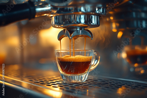 
A photo of hot coffee being dispensed into a clear glass cup from a professional espresso machine,  photo