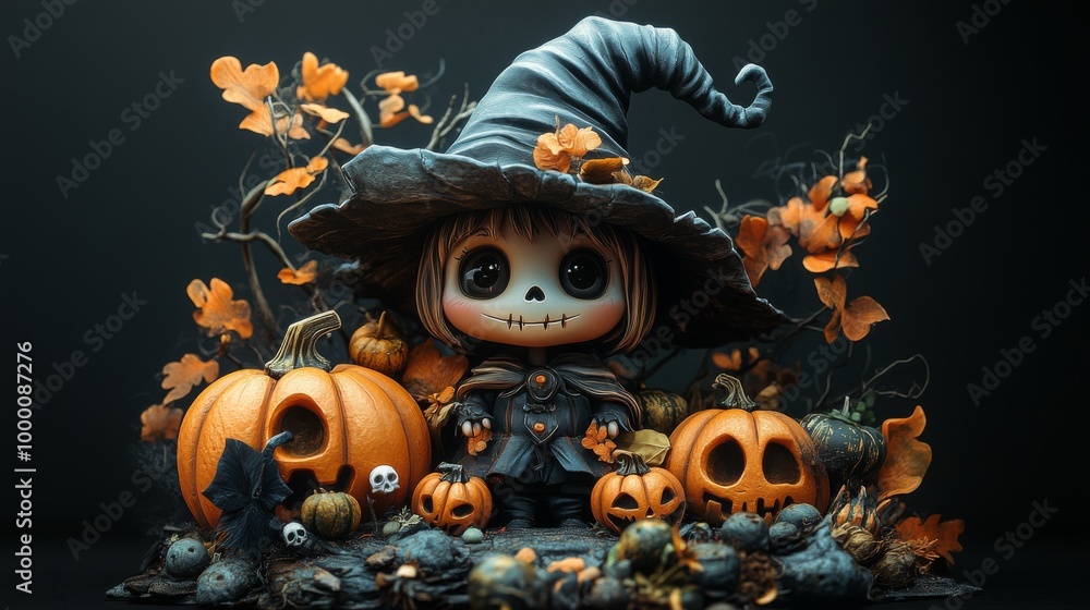 Cute Halloween Characters with Pumpkins and Spooky Autumn Decorations Cute Halloween Characters with Pumpkins and Spooky Autumn Decorations